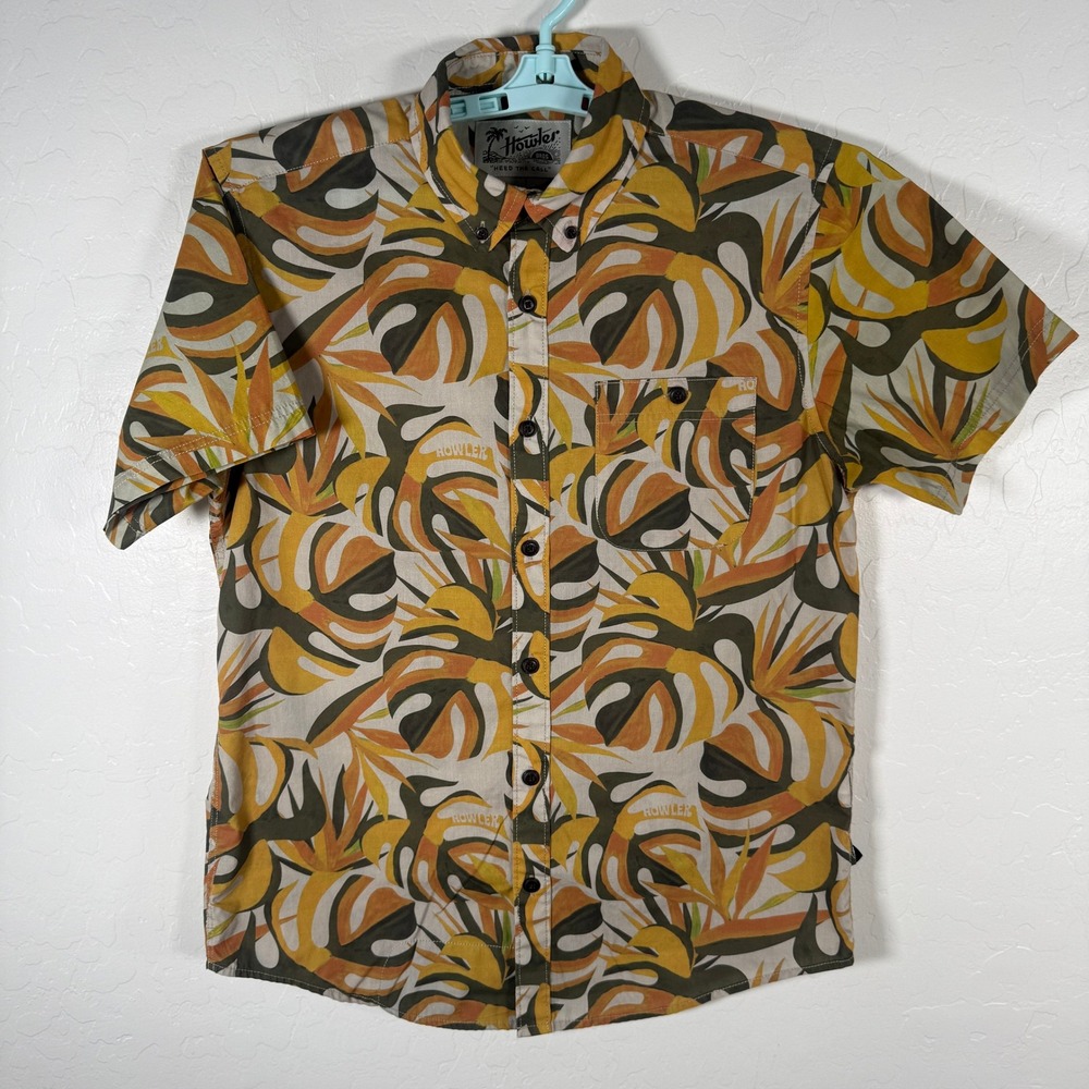 Howler Bros Shirt Mens Small Yellow Tropical Button Up Short Sleeve Floral